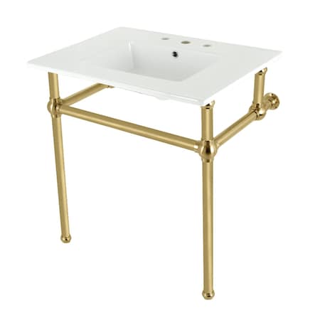 Kingston Brass 31 Console Sink with Brass Legs 8Inch, 3 Hole, WhiteBrushed Brass KVBH31227W8B7